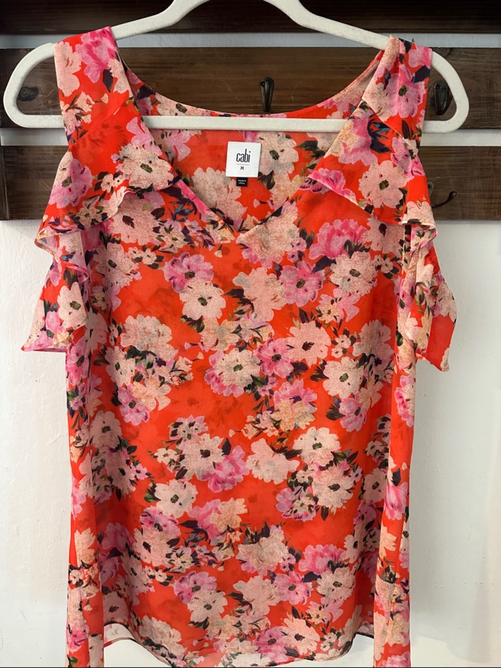 Cabi Lush Orange-Red Floral Cold-Shoulder V-Neck Camisole
